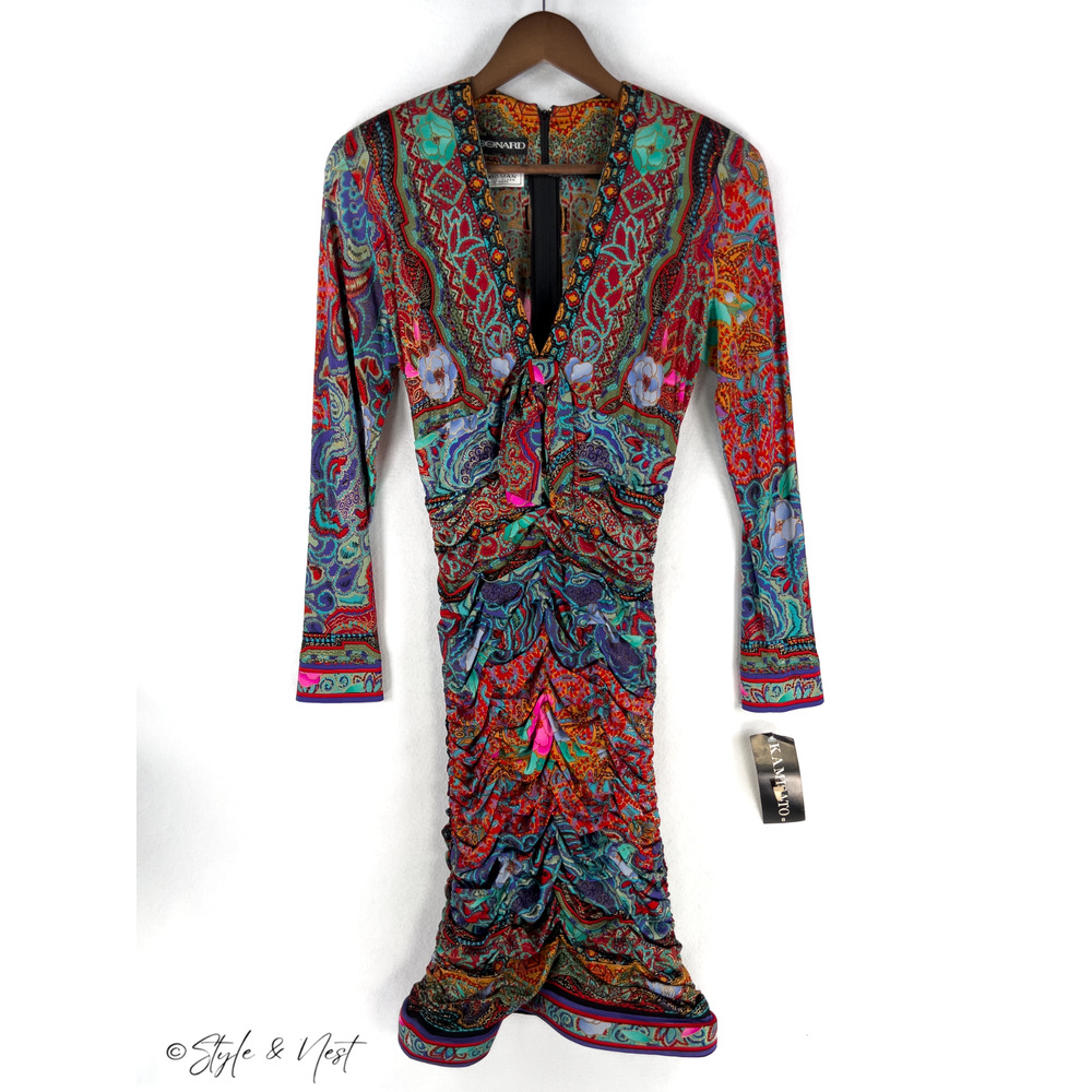 Vintage Leonard Fashion Paris 100% Silk Floral Gold Jersey Mikado Dress Small